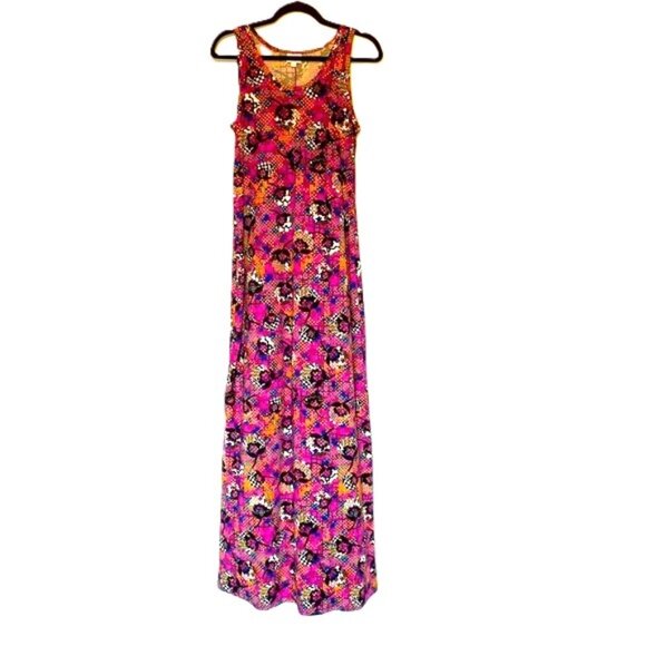 LuLaRoe Dani Tank Top Maxi Dress Size Medium Floral Polka Dot Purple Green Pink - Picture 1 of 4